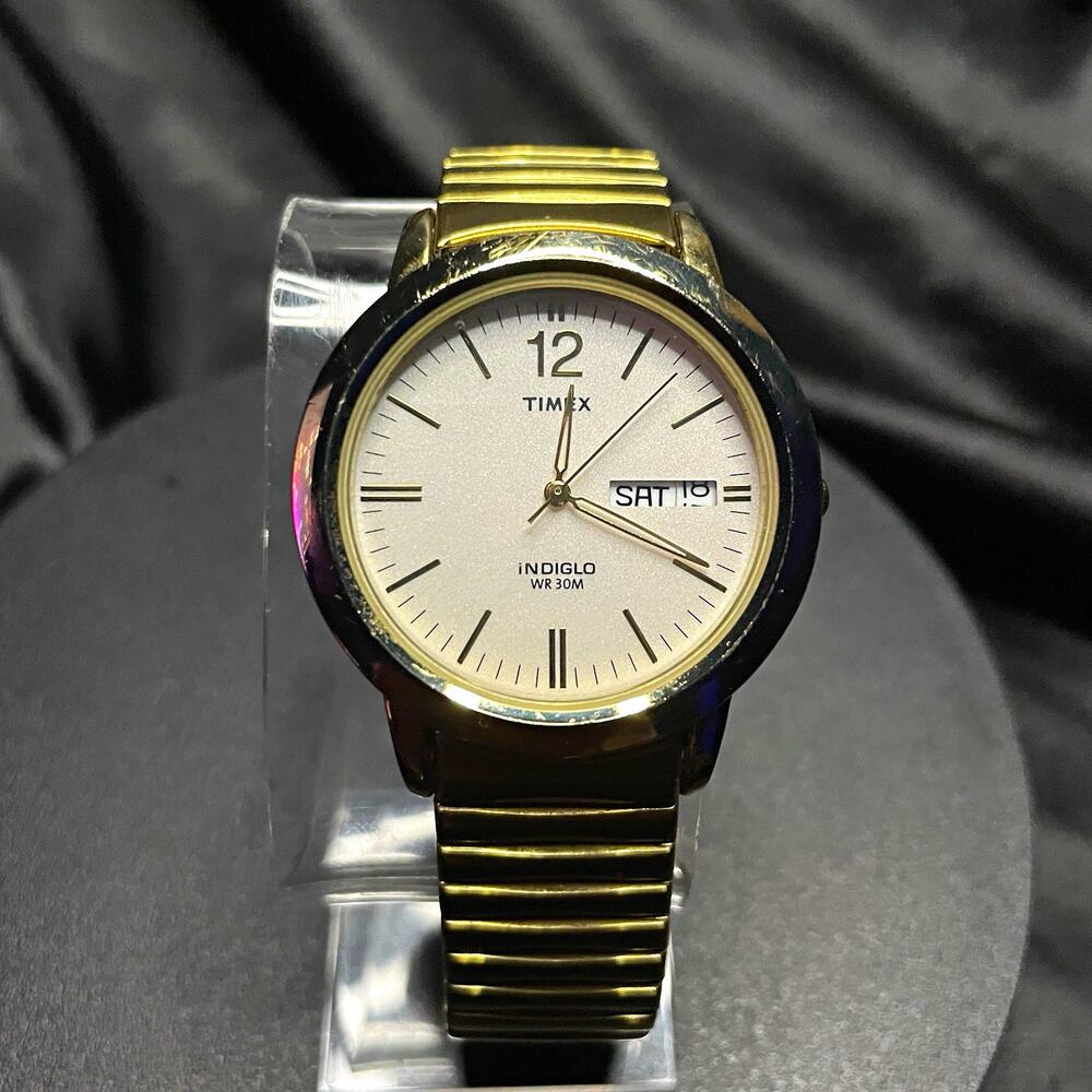 Timex Indiglo Quartz Day/Date Indiglo SS Gold Tone White Dial 38mm New Battery